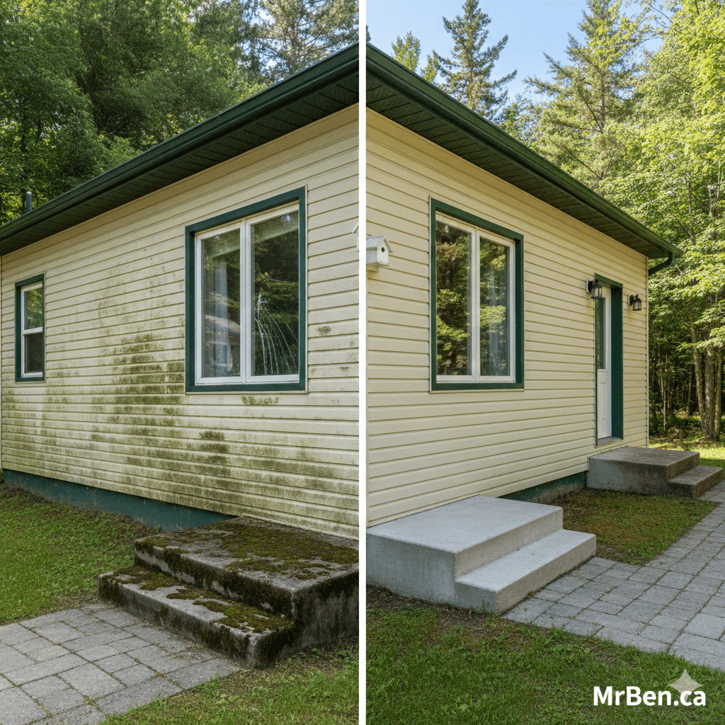 Technicien lavant le revêtement en vinyle d'une maison blanche